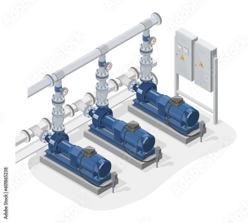 Industrial Water Pumps system room high pressure electric blue pump set Maintenance Service concept isometric isolated cartoon vector