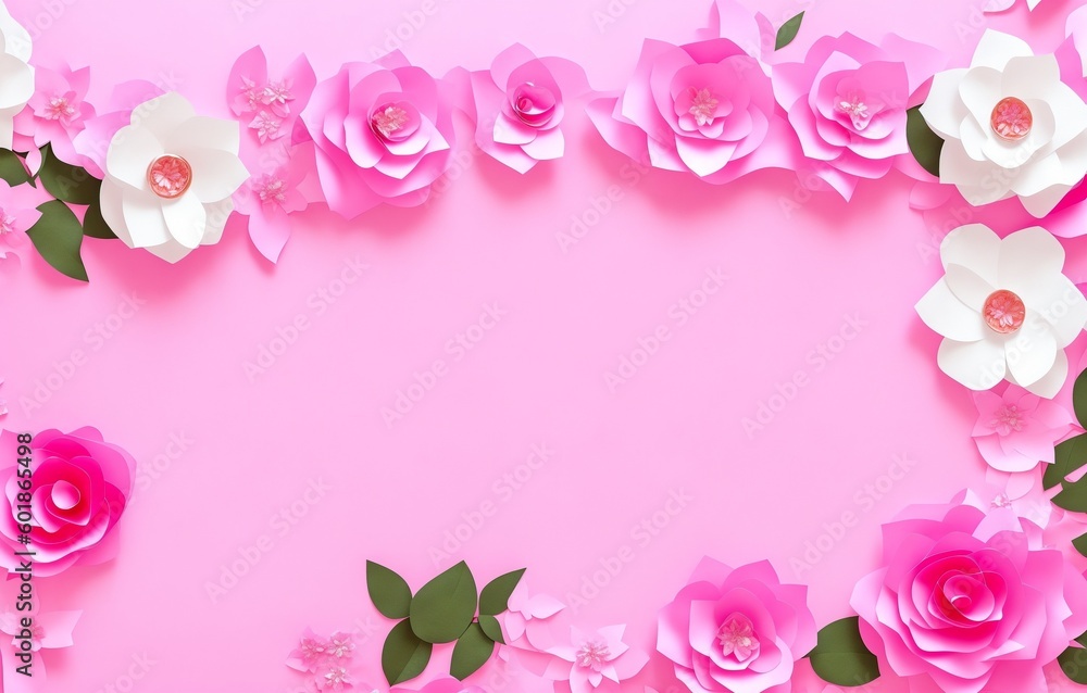 Many flowers made of paper on pink background. Floral frame layout with text space. Romantic feminine composition. Wedding invitation. International Womens day, Mother Day, Birthday (Generative AI)