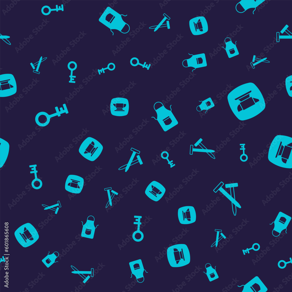 Set Old key, Blacksmith anvil tool, apron and Metallic nails on seamless pattern. Vector
