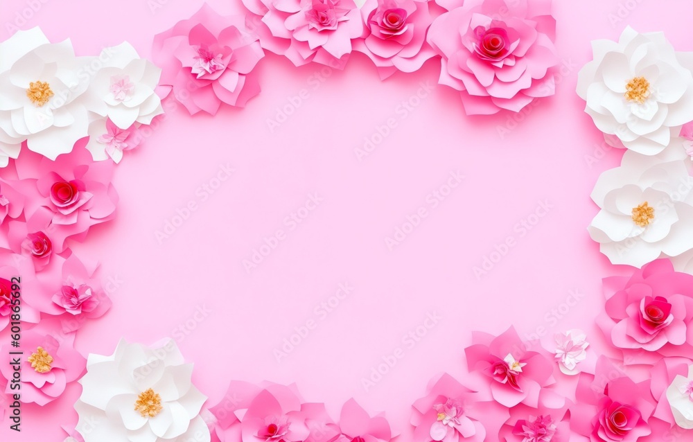 Many flowers made of paper on pink background. Floral frame layout with text space. Romantic feminine composition. Wedding invitation. International Womens day, Mother Day, Birthday (Generative AI)