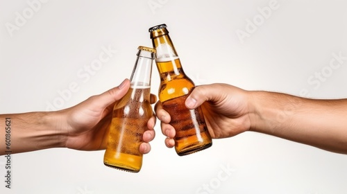 Obraz na plátně Close up two hands holding bottles of beer. Generative AI