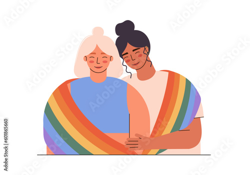 LGBT couple hugging and smiling. Lesbian couple covered with LGBT flag vector flat illustration. Homosexual multiracial couple. Pride month.