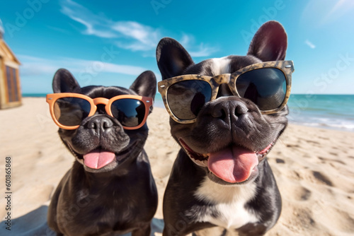 Funny French Bulldogs in Sunglasses Snapping Selfies on a Beach, generative Ai