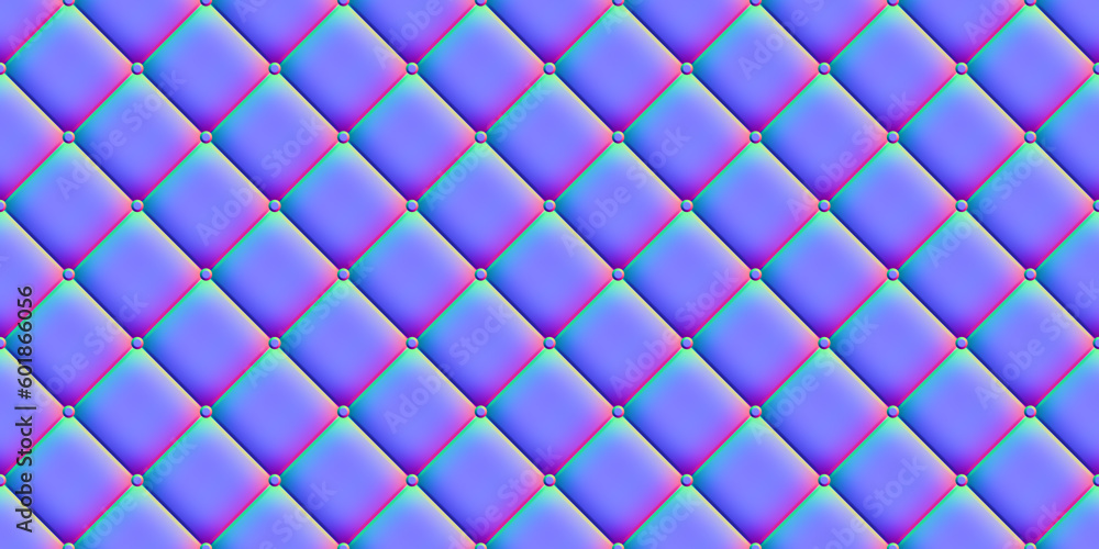Seamless diamond tufted chesterfield sofa normal map background texture. Soft puffy quilted couch cushions or headboard upholstery pattern. Realistic 8k bump mapping material shader 3D rendering Seamless diamond tufted chesterfield sofa normal map background texture. Soft puffy quilted couch cushions or headboard upholstery pattern. Realistic 8k bump mapping material shader 3D rendering