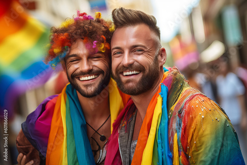 Happy gay couple with rainbow flag at a gay pride event. Generative ai