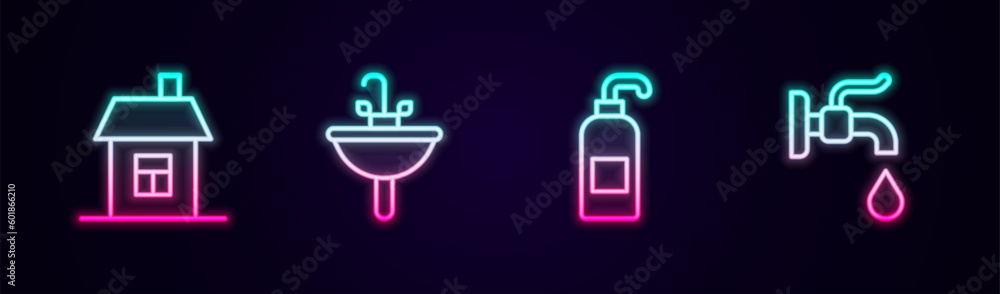 Set line House, Washbasin, Antibacterial soap and Water tap. Glowing neon icon. Vector Set line House, Washbasin, Antibacterial soap and Water tap. Glowing neon icon. Vector