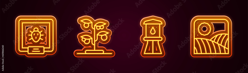 Set line Colorado beetle, Sprout, Water tower and Agriculture wheat field farm. Glowing neon icon. Vector Set line Colorado beetle, Sprout, Water tower and Agriculture wheat field farm. Glowing neon icon. Vector