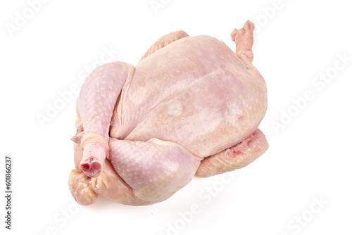 Raw whole chicken broiler, isolated on white background.