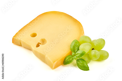 Hard Dutch gouda cheese, close-up, isolated on white background.