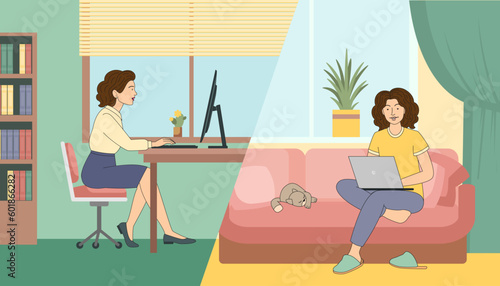 Business woman at hybrid job sitting at table between office and home cozy environment, vector illustration in flat cartoon style