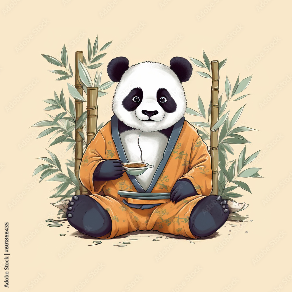 Funny illustration of an adorable panda in a traditional robe holding a cup of tea with bamboo trees on the background. Generative AI Funny illustration of an adorable panda in a traditional robe holding a cup of tea with bamboo trees on the background. Generative AI