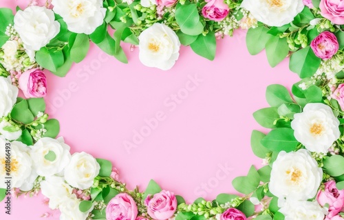 Different small flowers in a wreath on green background Abstract natural floral frame layout with text space. Romantic feminine flatlay. Wedding, International Women day, Mother Day (Generative AI)