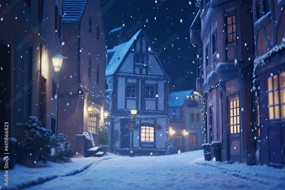cozy winter night in a charming small town covered in snow Generative AI