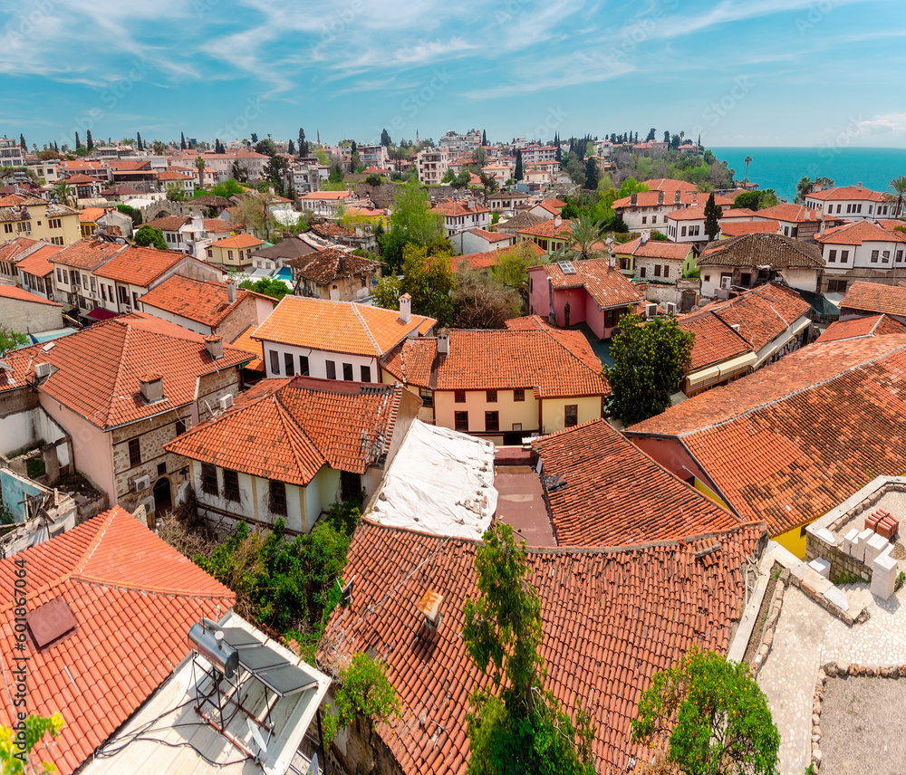 Aerial view of the buildings in the Kaleichi district in the Turkish city of Antalya. View of the roofs of houses in the Kaleici district.