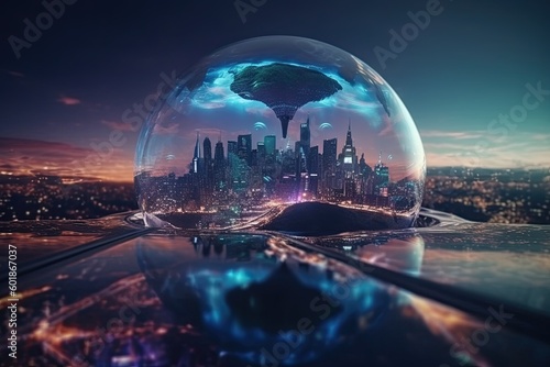 miniature city inside a clear glass sphere Generative AI