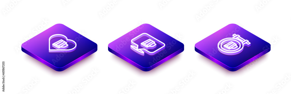 Set Isometric line Heart with glass of beer, Wooden mug and Street signboard icon. Vector Set Isometric line Heart with glass of beer, Wooden mug and Street signboard icon. Vector