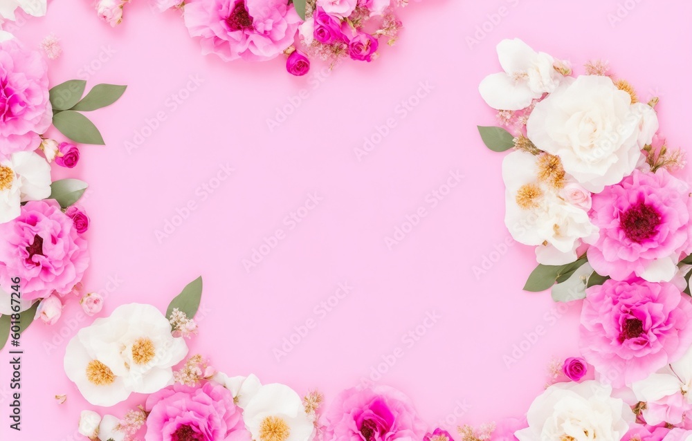Different small flowers in a wreath on pink background. Abstract natural floral frame layout with text space. Romantic feminine flatlay. Wedding, International Women day, Mother Day (Generative AI)