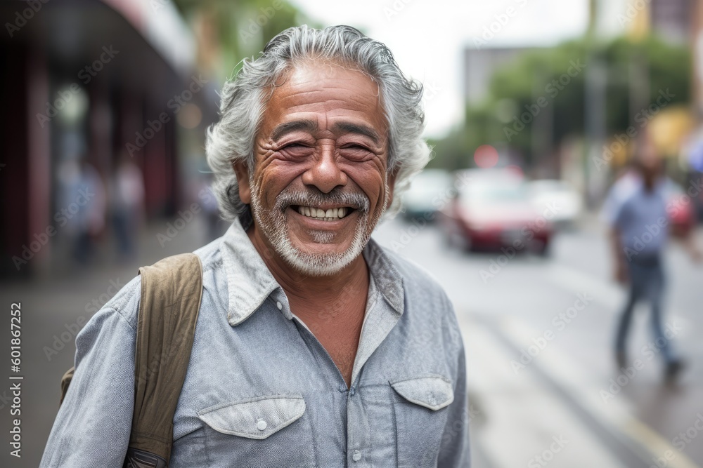 Smiling senior mexican man posing in a mexican city street looking at the camera. Generative AI Smiling senior mexican man posing in a mexican city street looking at the camera. Generative AI