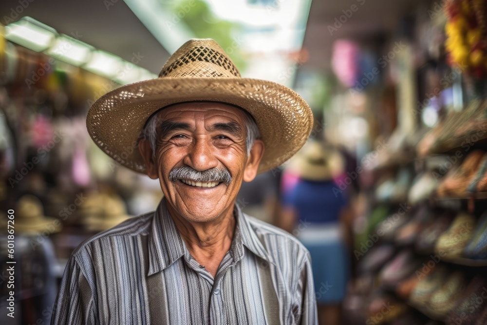 Smiling senior mexican man posing in a mexican city street looking at the camera. Generative AI