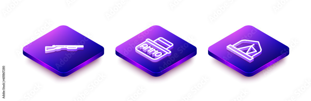 Set Isometric line Hunting gun, Ammunition box and Tourist tent icon. Vector Set Isometric line Hunting gun, Ammunition box and Tourist tent icon. Vector