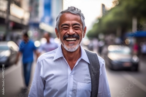 Smiling senior mexican man posing in a mexican city street looking at the camera. Generative AI