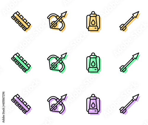 Set line Camping lantern, Hunting cartridge belt, Medieval bow and arrow and icon. Vector