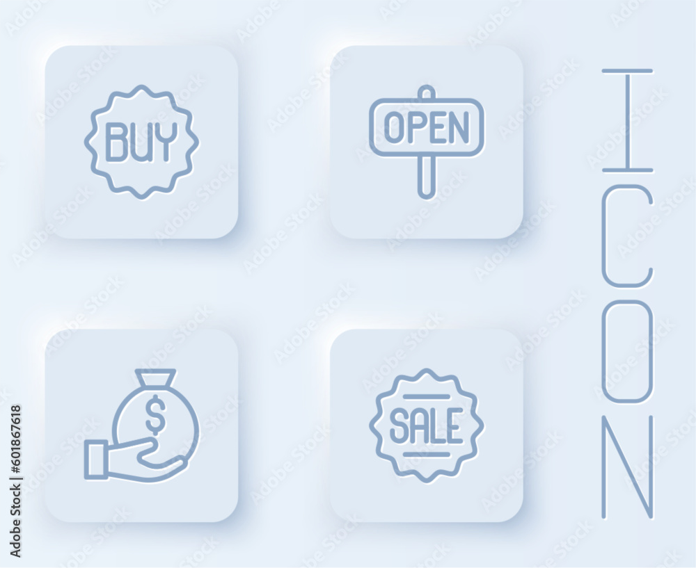 Set line Buy button, Hanging sign with text Open, Money bag and Price tag Sale. White square button. Vector Set line Buy button, Hanging sign with text Open, Money bag and Price tag Sale. White square button. Vector