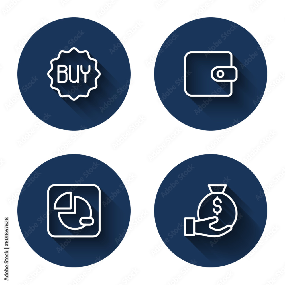 Set line Buy button, Wallet, Pie chart infographic and Money bag with long shadow. Blue circle button. Vector Set line Buy button, Wallet, Pie chart infographic and Money bag with long shadow. Blue circle button. Vector