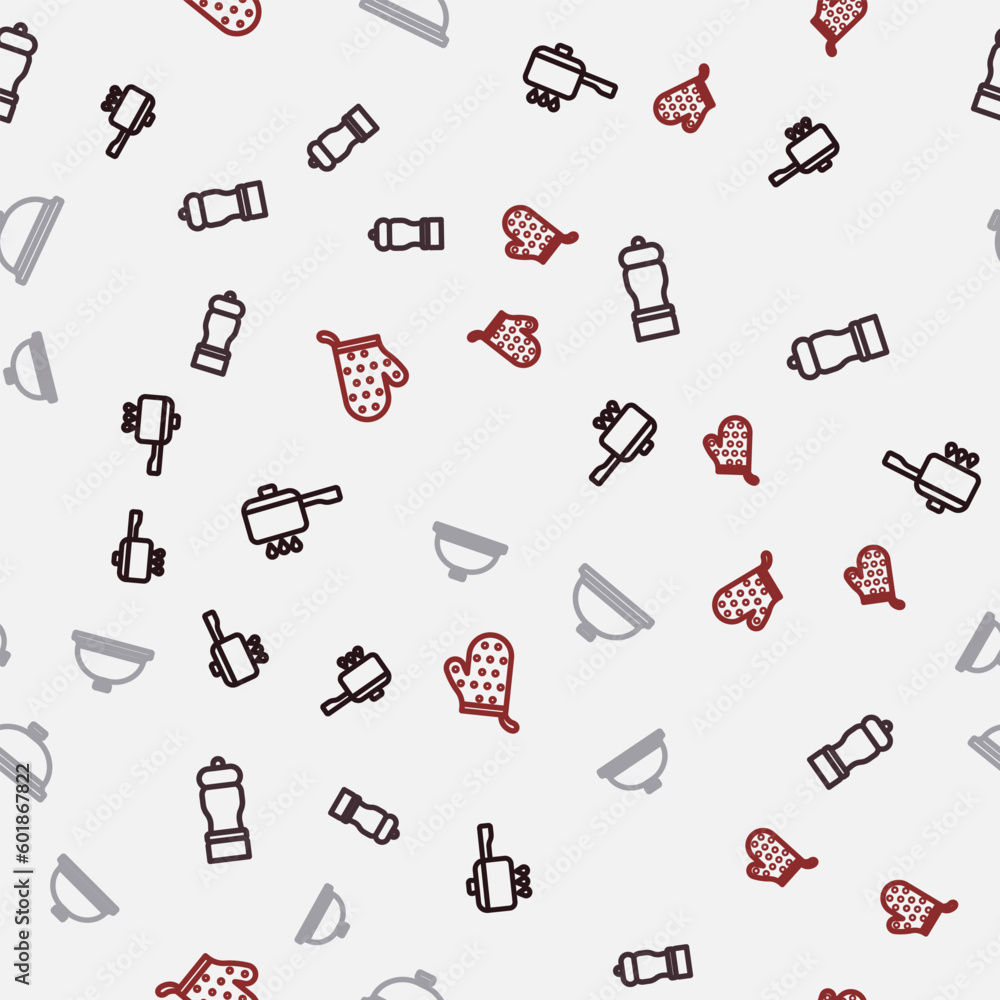 Set line Cooking pot on fire, Pepper, Covered with tray of food and Oven glove on seamless pattern. Vector Set line Cooking pot on fire, Pepper, Covered with tray of food and Oven glove on seamless pattern. Vector