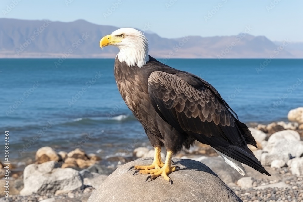 Fototapeta premium majestic bald eagle perched on a rocky outcrop overlooking the ocean Generative AI