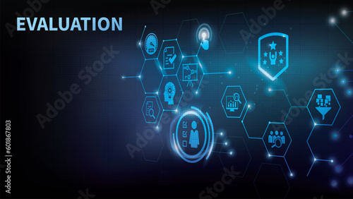 Banner evaluation concept. Assessment, Analysis, performance, improvement, results and feedback vector illustration concept.