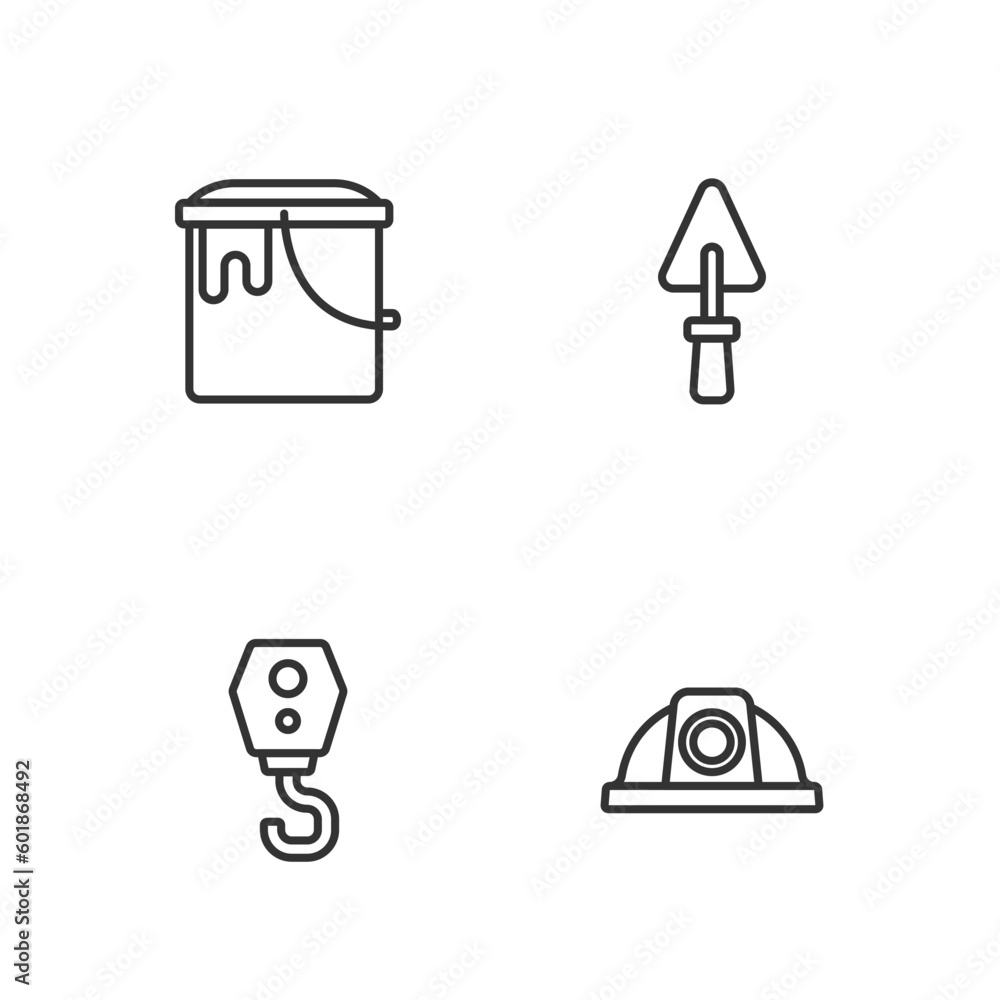 Set line Worker safety helmet, Crane hook, Paint bucket and Trowel icon. Vector Set line Worker safety helmet, Crane hook, Paint bucket and Trowel icon. Vector