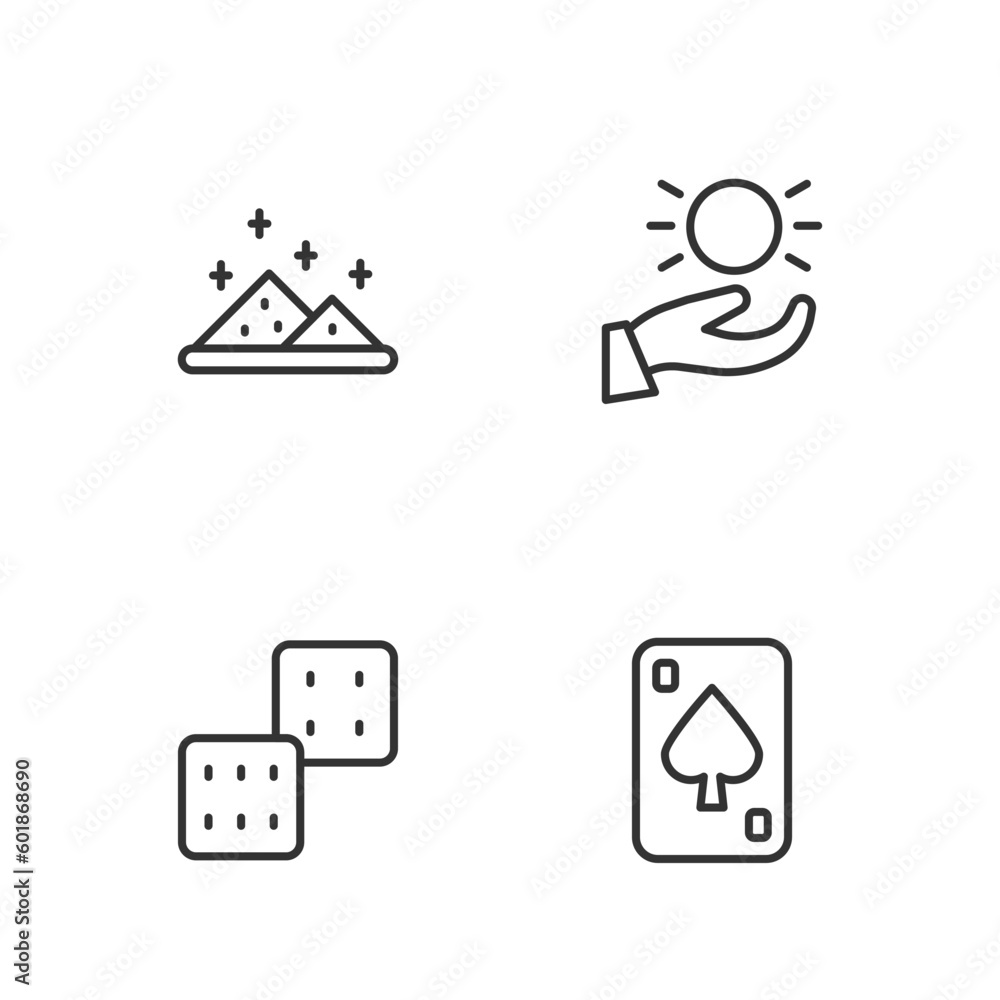 Set line Playing cards, Game dice, Magic powder and Ball levitating above hand icon. Vector Set line Playing cards, Game dice, Magic powder and Ball levitating above hand icon. Vector