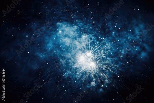 bright blue and white firework bursting in the dark night sky Generative AI © AkuAku