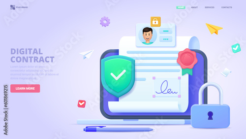 Digital contract, smart contract online, electronic signature. Three dimensional design concept for landing page. 3d vector illustration for website, print, banner