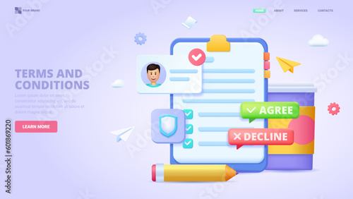User agreement, terms and conditions, online contract, corporative rules, privacy policy. Three dimensional design concept for landing page. 3d vector illustration for website, print, banner.