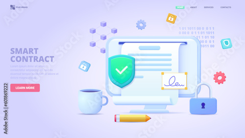 Digital contract, smart contract online, electronic signature. Three dimensional design concept for landing page. 3d vector illustration for website, print, banner.