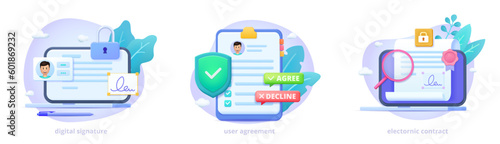 Digital contract, smart contract online, electronic signature. Three dimensional design concept, icons for landing page. 3d vector illustration set for website, print, banner.