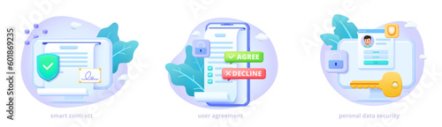Personal data security, smart contract online, electronic signature, user agreement.  Three dimensional design concept, icons for landing page. 3d vector illustration set for website, print, banner.