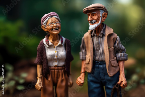 Miniature toy people figurines of happy elderly senior couple in warm clothes standing outdoors at autumn, created with Generative AI.