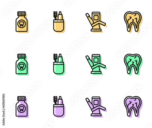 Set line Medical dental chair, Toothache painkiller tablet, Toothbrush and toothpaste and Broken icon. Vector