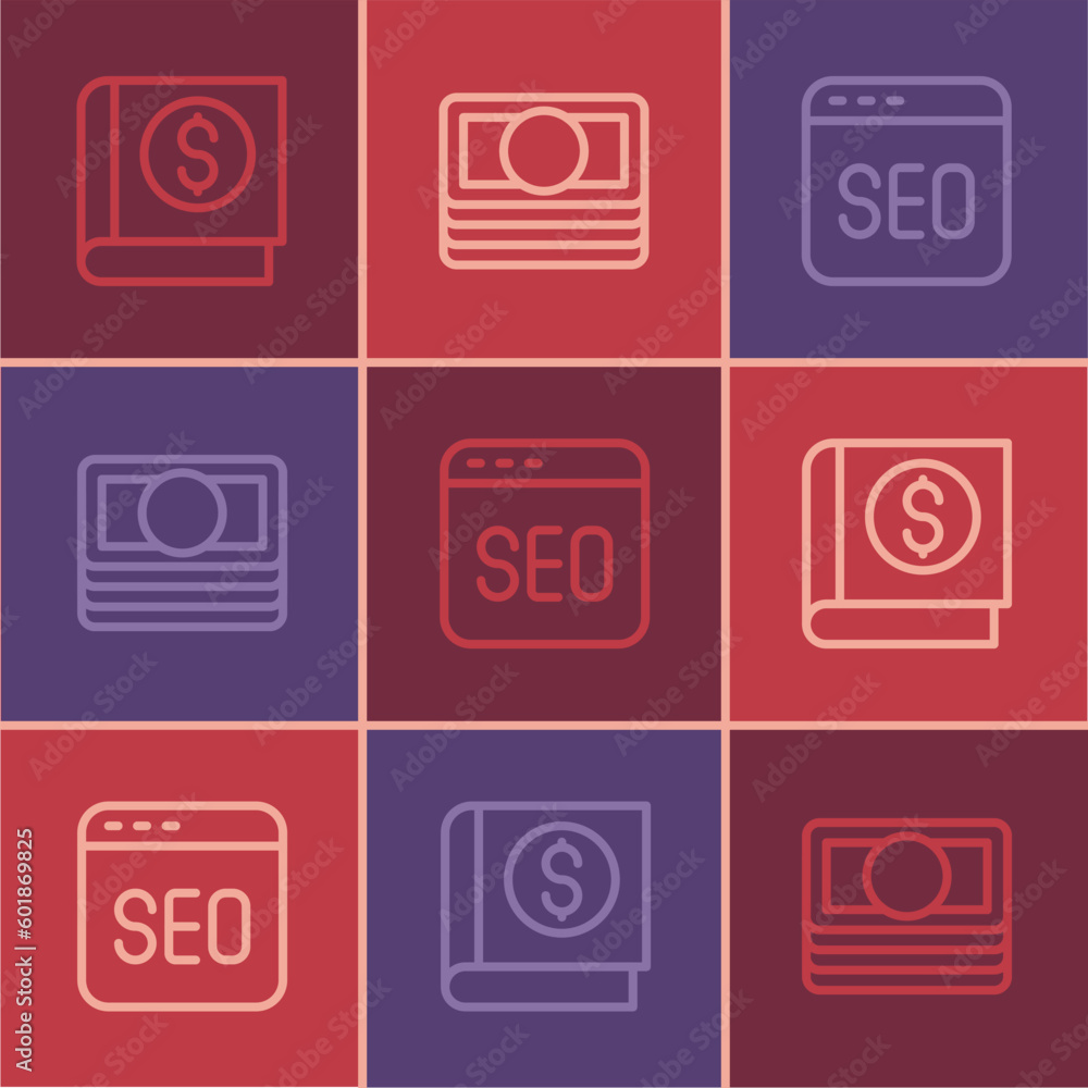 Set line Financial book, SEO optimization and Stacks paper money cash icon. Vector Set line Financial book, SEO optimization and Stacks paper money cash icon. Vector