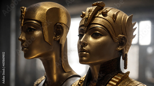 closeup of ancient alien Egyptian like gold-skinned people statue, generative AI