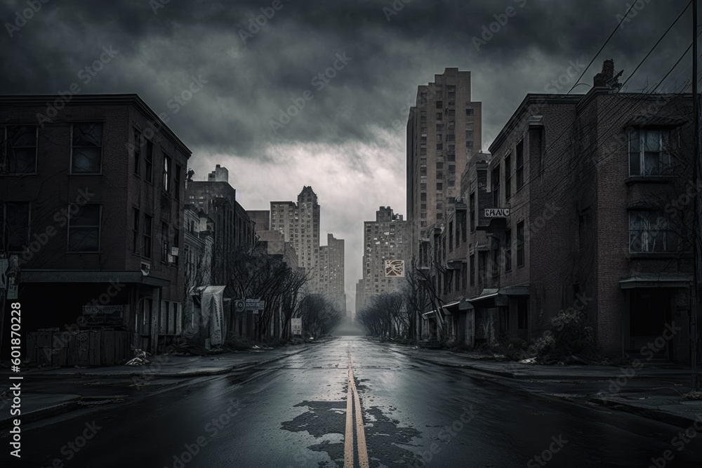 A dark and gloomy city skyline with empty streets, Desolate Cityscape: The Calm Before the Storm, Generative AI
