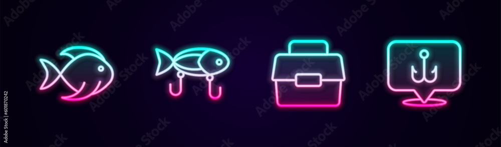 Set line Fish, Fishing lure, Case or box for fishing and hook. Glowing neon icon. Vector Set line Fish, Fishing lure, Case or box for fishing and hook. Glowing neon icon. Vector