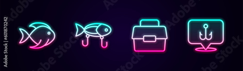 Set line Fish, Fishing lure, Case or box for fishing and hook. Glowing neon icon. Vector