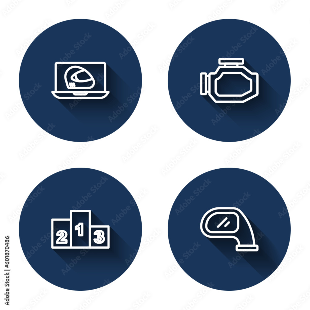 Set line Racing helmet, Check engine, Award over sports winner podium and Car mirror with long shadow. Blue circle button. Vector Set line Racing helmet, Check engine, Award over sports winner podium and Car mirror with long shadow. Blue circle button. Vector