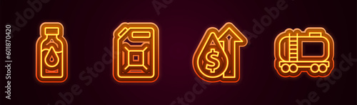 Set line Oil petrol test tube, Canister for gasoline, price increase and railway cistern. Glowing neon icon. Vector