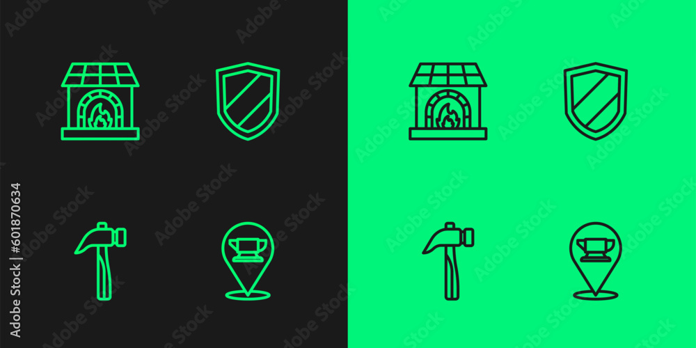 Set line Blacksmith anvil tool, Hammer, oven and Shield icon. Vector Set line Blacksmith anvil tool, Hammer, oven and Shield icon. Vector