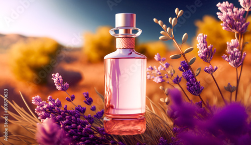 Transparent perfume bottle surrounded with lavender flowers for a beauty product showcase and presentation. AI generated illustration for a fragrance display with fresh and stylish background scene